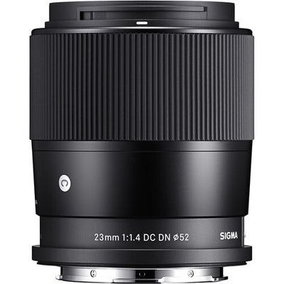 Sigma 23mm f/1.4 DC DN Contemporary wide-angle prime lens for APS-C mirrorless cameras featuring bright f/1.4 aperture, advanced optics with SLD and aspherical elements, compact lightweight design, and quiet high-speed autofocus.