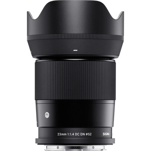 Sigma 23mm f/1.4 DC DN Contemporary wide-angle prime lens for APS-C mirrorless cameras featuring bright f/1.4 aperture, advanced optics with SLD and aspherical elements, compact lightweight design, and quiet high-speed autofocus.