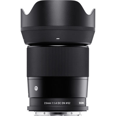 Sigma 23mm f/1.4 DC DN Contemporary wide-angle prime lens for APS-C mirrorless cameras featuring bright f/1.4 aperture, advanced optics with SLD and aspherical elements, compact lightweight design, and quiet high-speed autofocus.