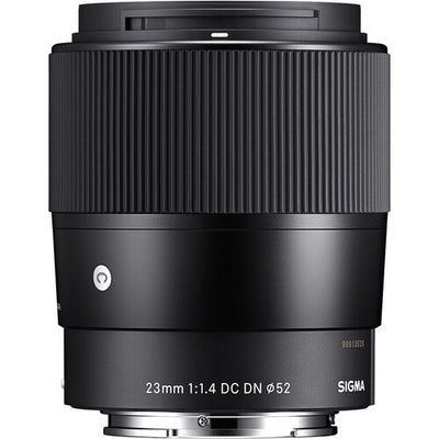 Sigma 23mm f/1.4 DC DN Contemporary wide-angle prime lens for APS-C mirrorless cameras featuring bright f/1.4 aperture, advanced optics with SLD and aspherical elements, compact lightweight design, and quiet high-speed autofocus.