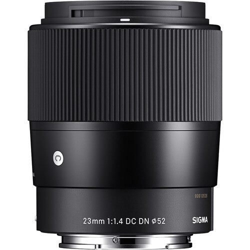 Sigma 23mm f/1.4 DC DN Contemporary wide-angle prime lens for APS-C mirrorless cameras featuring bright f/1.4 aperture, advanced optics with SLD and aspherical elements, compact lightweight design, and quiet high-speed autofocus.