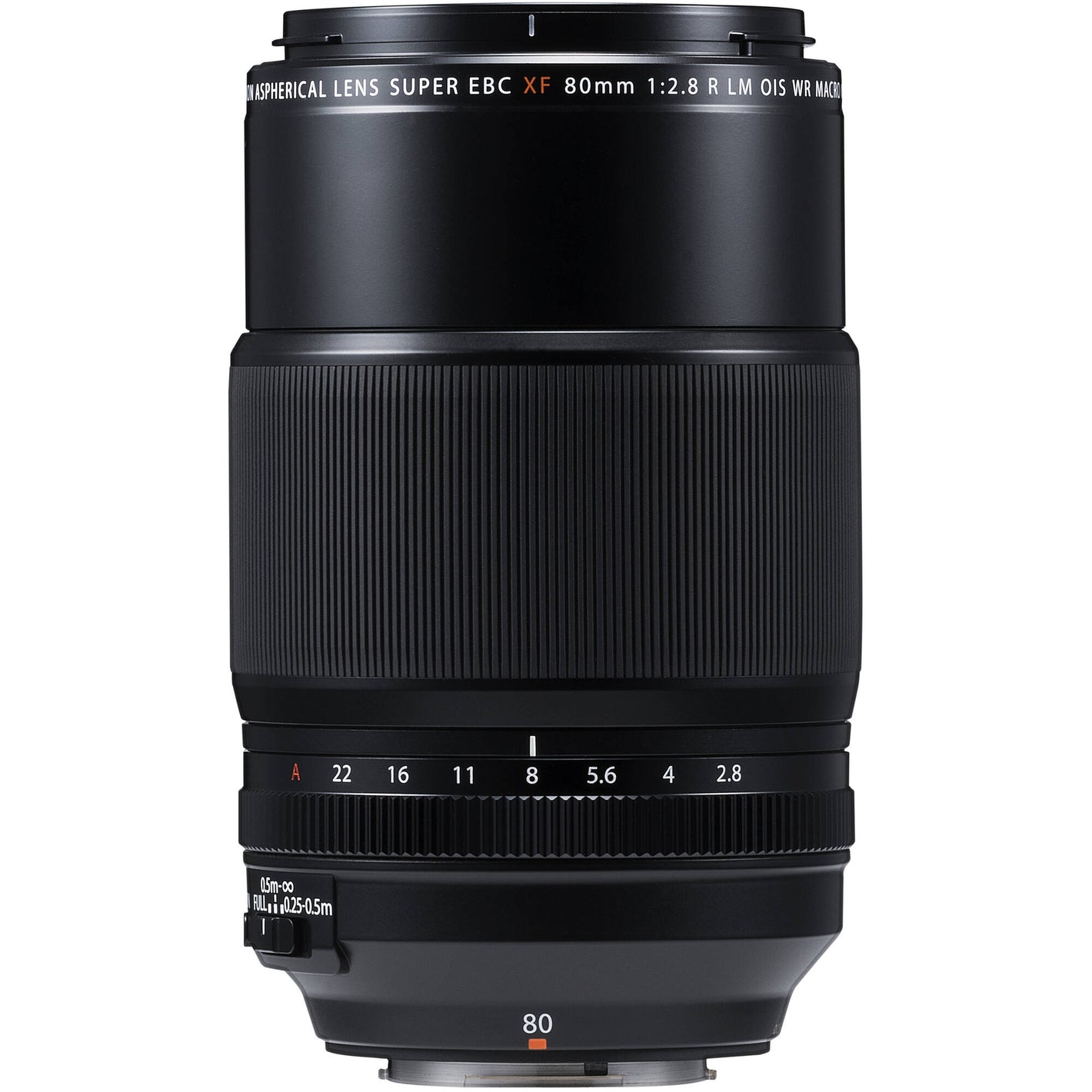 Camera lens with detailed specifications on a white background
