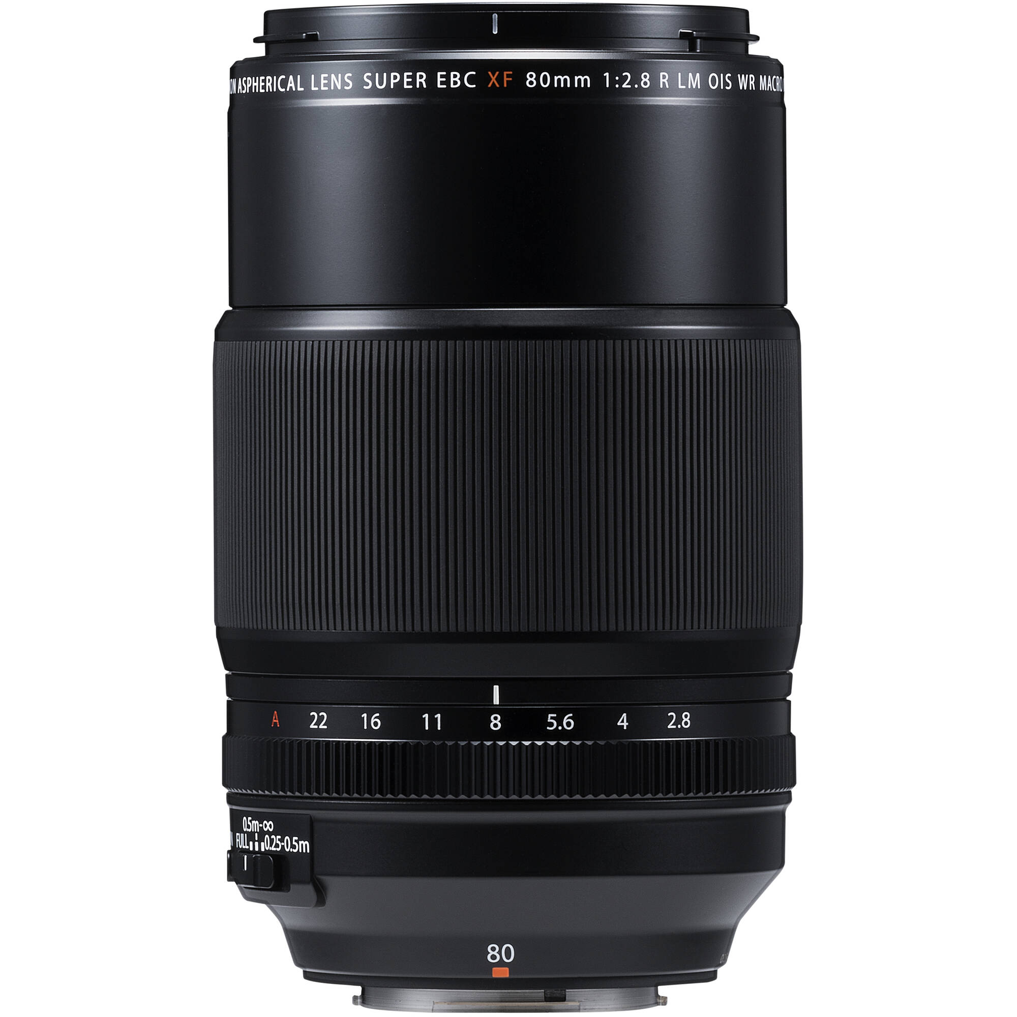 Camera lens with detailed specifications on a white background