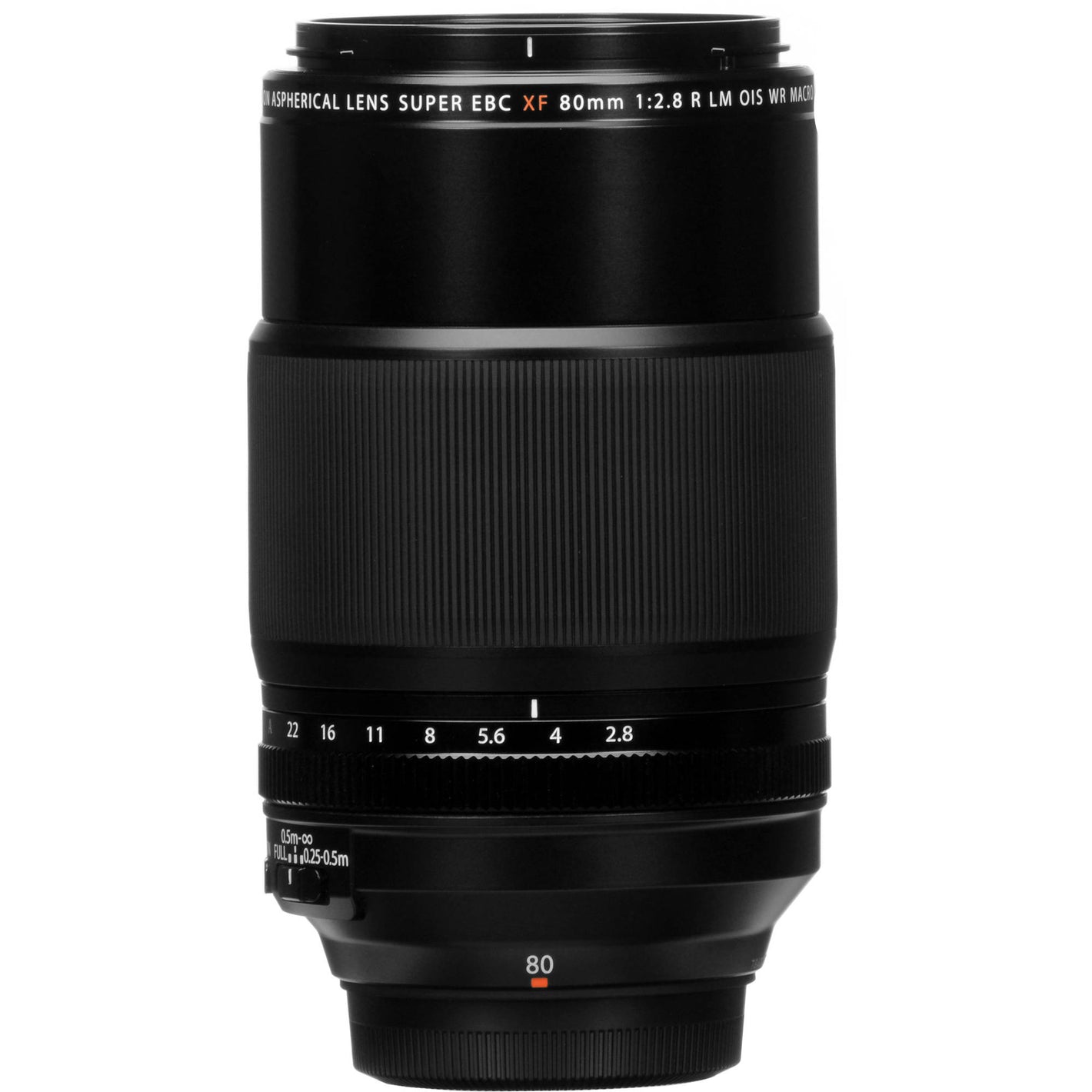 Black camera lens on a white background