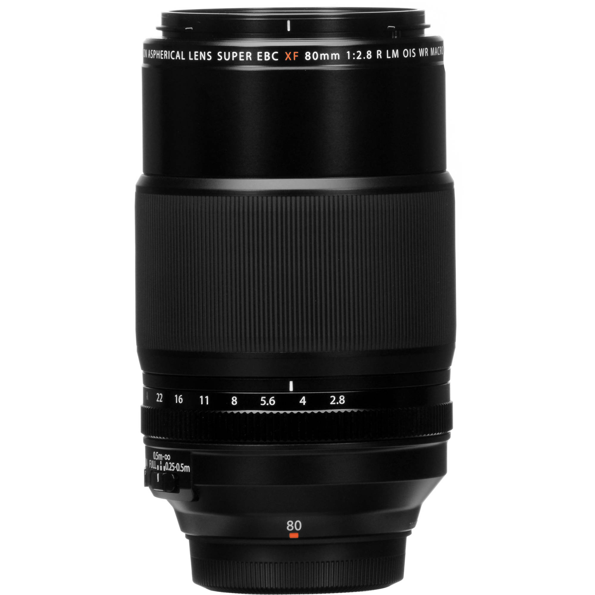 Black camera lens on a white background