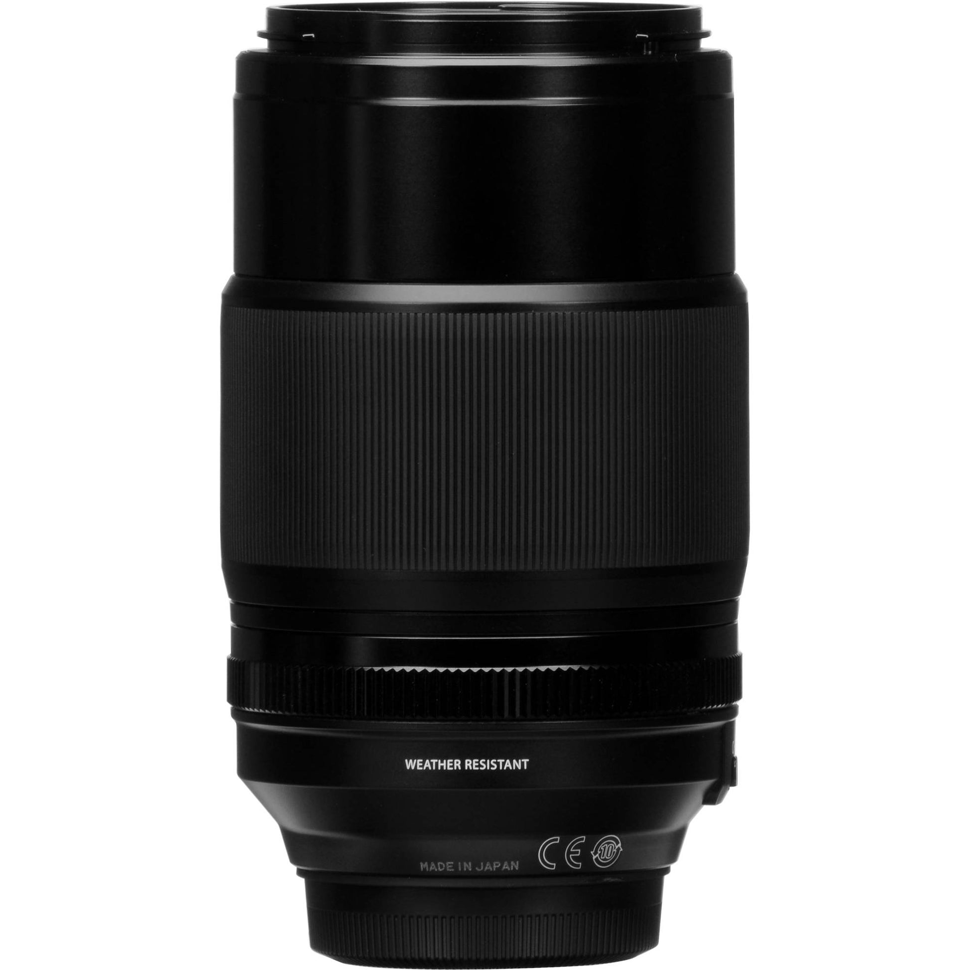 Black camera lens with 'Weather Resistant' text on a white background