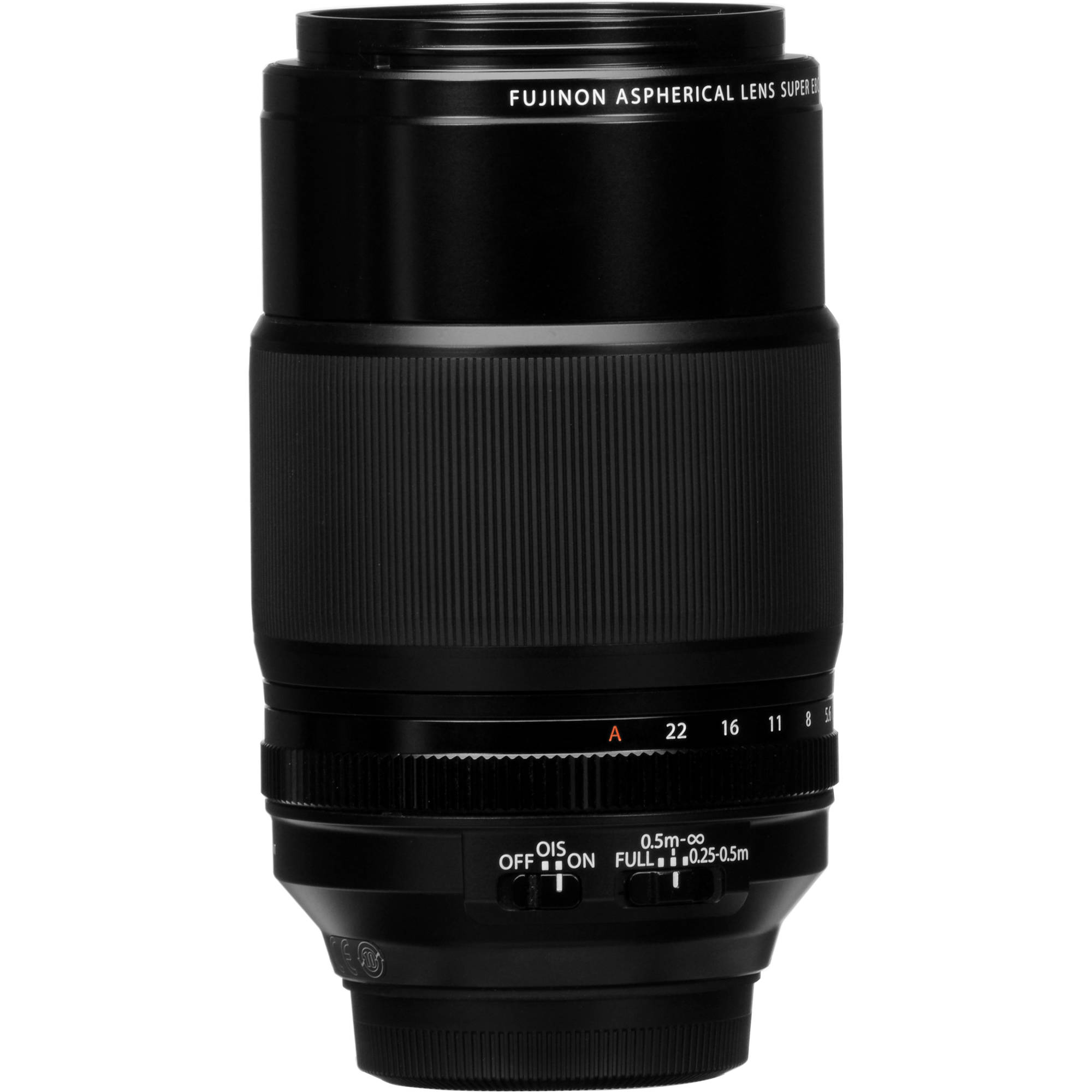Black Fujifilm lens on a white background