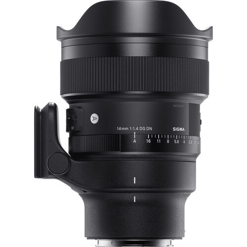 Sigma 14mm f/1.4 DG DN Art ultra-wide-angle prime lens for full-frame mirrorless cameras with bright aperture, advanced optics including FLD and SLD elements, dust and splashproof construction, and tripod socket for stability during astrophotography.