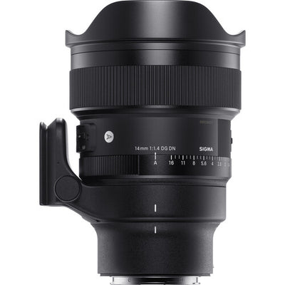 Sigma 14mm f/1.4 DG DN Art ultra-wide-angle prime lens for full-frame mirrorless cameras with bright aperture, advanced optics including FLD and SLD elements, dust and splashproof construction, and tripod socket for stability during astrophotography.
