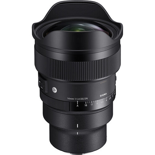 Sigma 14mm f/1.4 DG DN Art ultra-wide-angle prime lens for full-frame mirrorless cameras with bright aperture, advanced optics including FLD and SLD elements, dust and splashproof construction, and tripod socket for stability during astrophotography.