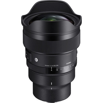 Sigma 14mm f/1.4 DG DN Art ultra-wide-angle prime lens for full-frame mirrorless cameras with bright aperture, advanced optics including FLD and SLD elements, dust and splashproof construction, and tripod socket for stability during astrophotography.