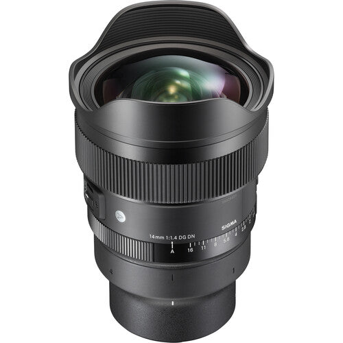 Sigma 14mm f/1.4 DG DN Art ultra-wide-angle prime lens for full-frame mirrorless cameras with bright aperture, advanced optics including FLD and SLD elements, dust and splashproof construction, and tripod socket for stability during astrophotography.