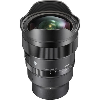 Sigma 14mm f/1.4 DG DN Art ultra-wide-angle prime lens for full-frame mirrorless cameras with bright aperture, advanced optics including FLD and SLD elements, dust and splashproof construction, and tripod socket for stability during astrophotography.