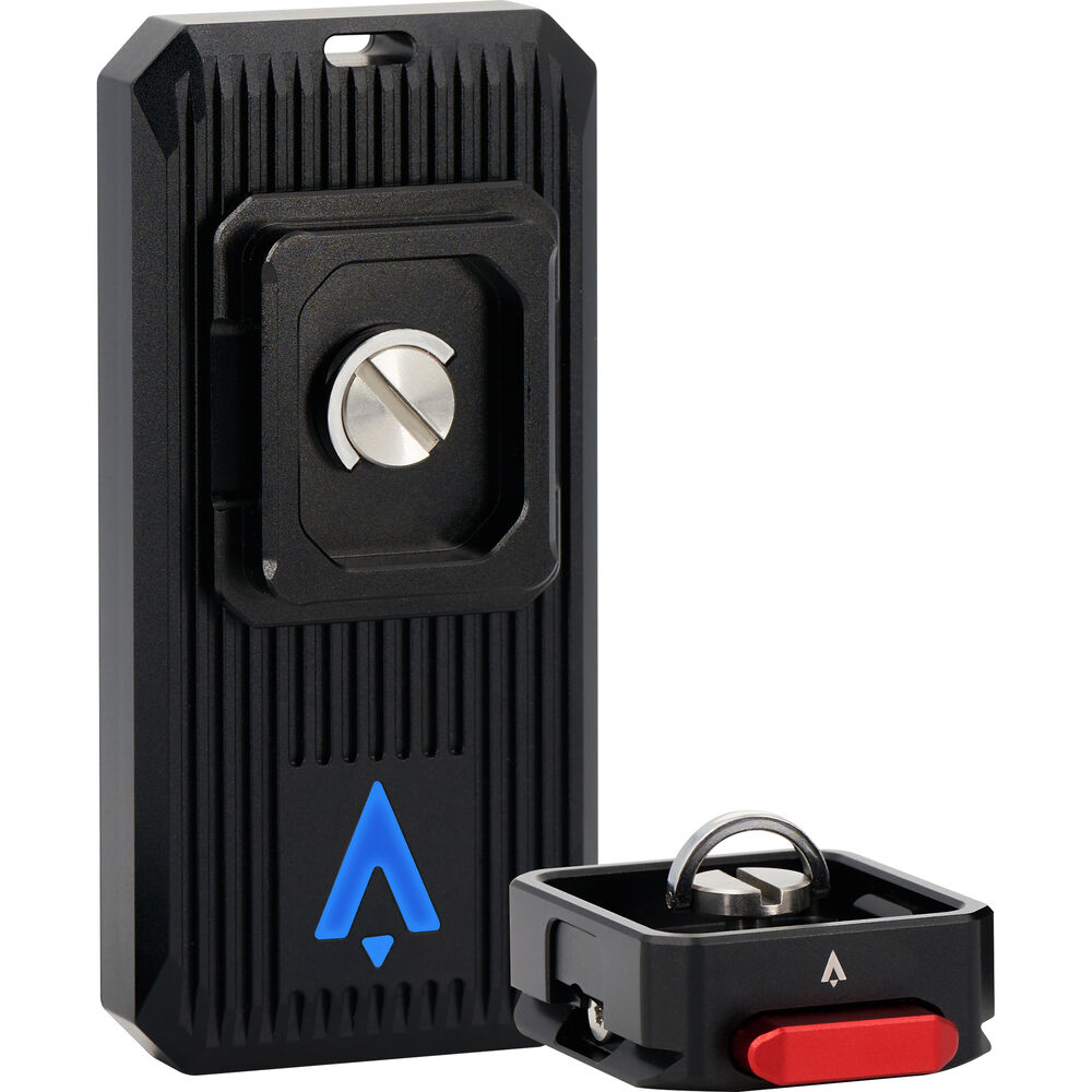 Black electronic device with a blue logo on a white background