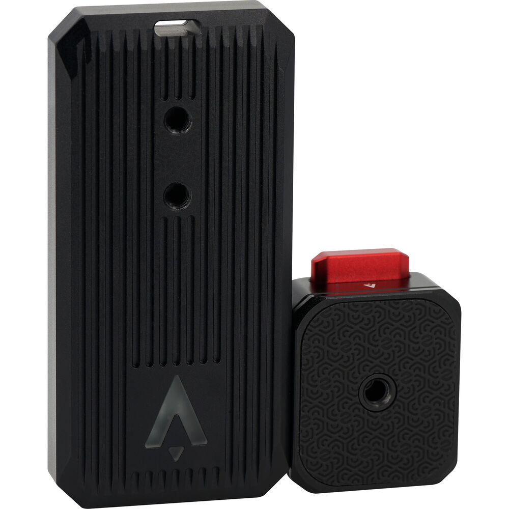 Two black electronic devices with a red button on a white background