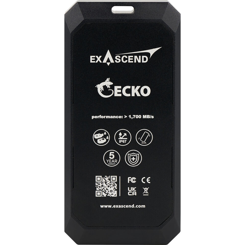Black ExAscend Gecko product packaging with branding and specifications on a white background