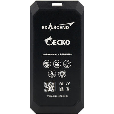 Black ExAscend Gecko product packaging with branding and specifications on a white background