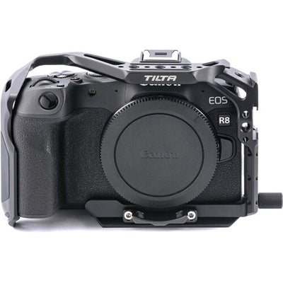 Tilta Full Camera Cage for Canon R8 in black, with multiple mounting points and cold shoe mounts.