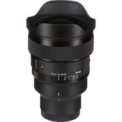 Sigma 14mm f/1.4 DG DN Art ultra-wide-angle prime lens for full-frame mirrorless cameras with bright aperture, advanced optics including FLD and SLD elements, dust and splashproof construction, and tripod socket for stability during astrophotography.