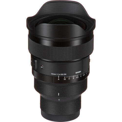 Sigma 14mm f/1.4 DG DN Art ultra-wide-angle prime lens for full-frame mirrorless cameras with bright aperture, advanced optics including FLD and SLD elements, dust and splashproof construction, and tripod socket for stability during astrophotography.