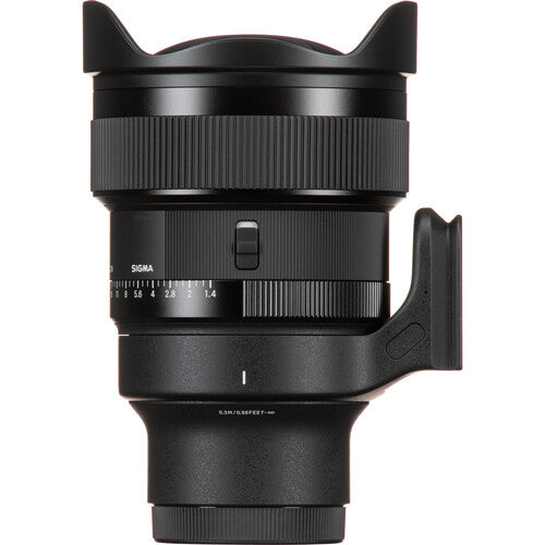 Sigma 14mm f/1.4 DG DN Art ultra-wide-angle prime lens for full-frame mirrorless cameras with bright aperture, advanced optics including FLD and SLD elements, dust and splashproof construction, and tripod socket for stability during astrophotography.