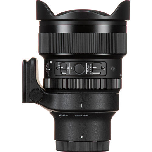 Sigma 14mm f/1.4 DG DN Art ultra-wide-angle prime lens for full-frame mirrorless cameras with bright aperture, advanced optics including FLD and SLD elements, dust and splashproof construction, and tripod socket for stability during astrophotography.