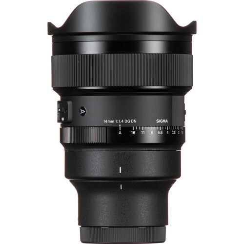 Sigma 14mm f/1.4 DG DN Art ultra-wide-angle prime lens for full-frame mirrorless cameras with bright aperture, advanced optics including FLD and SLD elements, dust and splashproof construction, and tripod socket for stability during astrophotography.