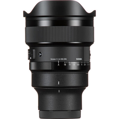 Sigma 14mm f/1.4 DG DN Art ultra-wide-angle prime lens for full-frame mirrorless cameras with bright aperture, advanced optics including FLD and SLD elements, dust and splashproof construction, and tripod socket for stability during astrophotography.