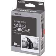 Fujifilm Instax Wide Monochrome Instant Film pack with 10 sheets of ISO 800 black and white wide-format film producing glossy, high-contrast images with a 62 x 99 mm image area.