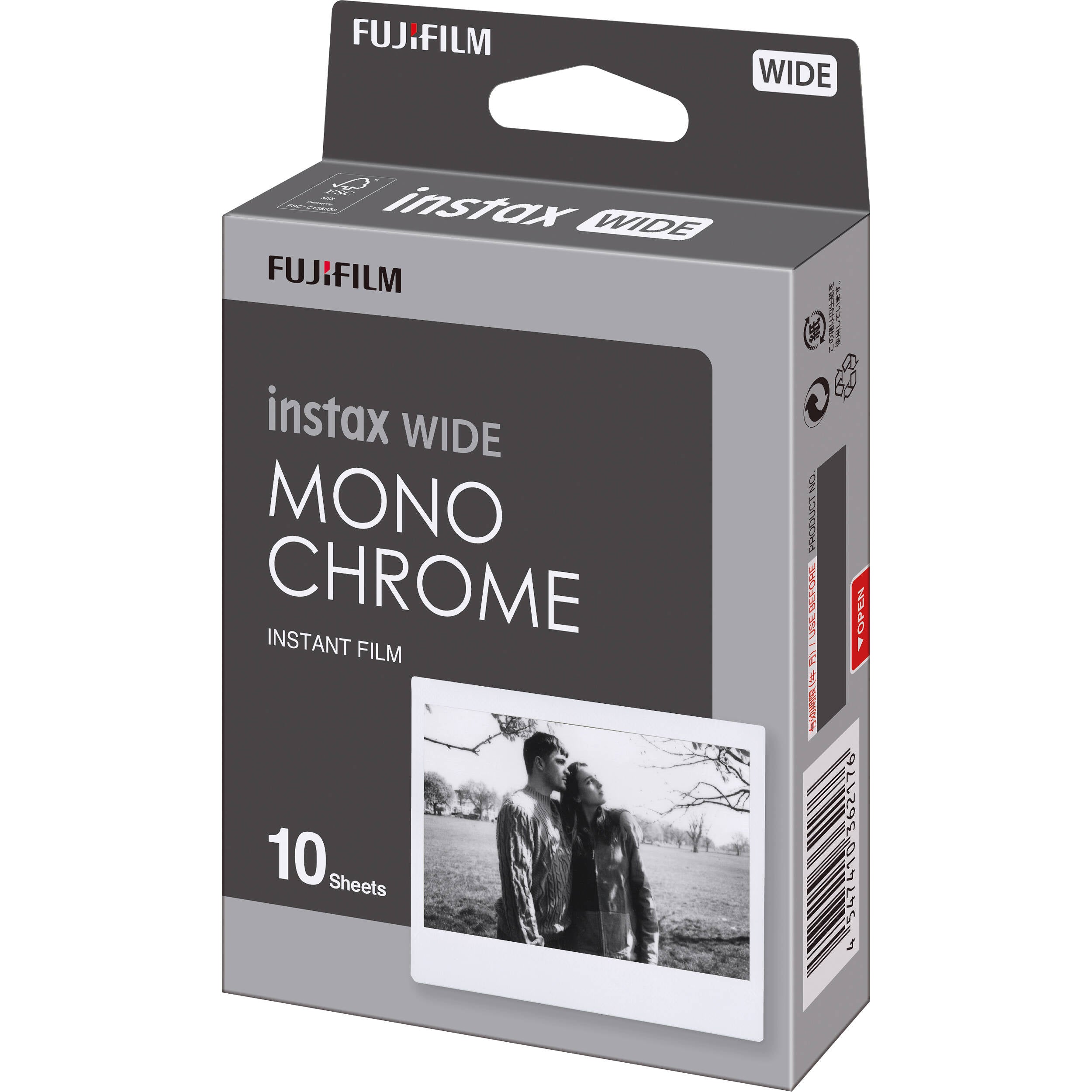 Fujifilm Instax Wide Monochrome Instant Film pack with 10 sheets of ISO 800 black and white wide-format film producing glossy, high-contrast images with a 62 x 99 mm image area.