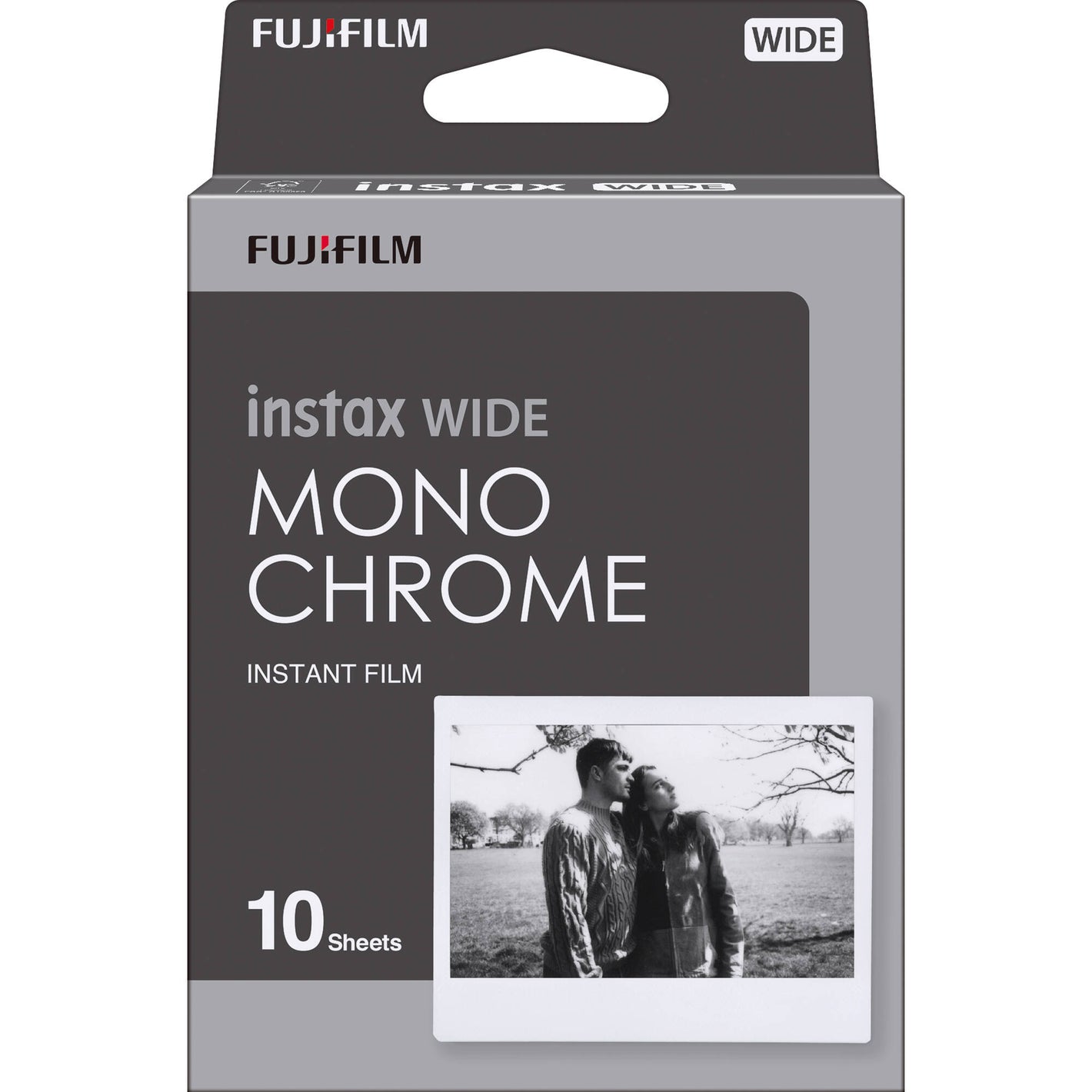Fujifilm Instax Wide Monochrome Instant Film pack with 10 sheets of ISO 800 black and white wide-format film producing glossy, high-contrast images with a 62 x 99 mm image area.