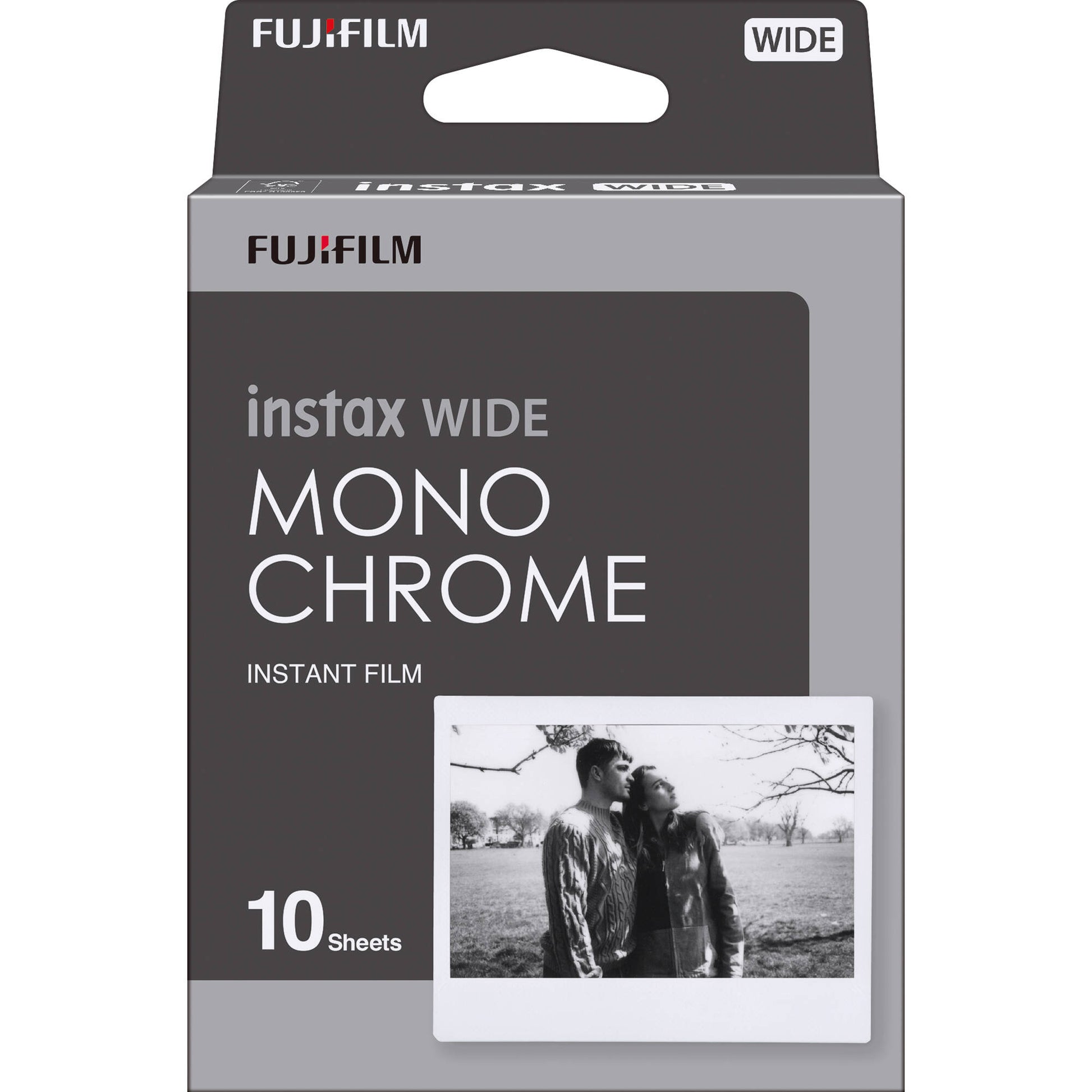 Fujifilm Instax Wide Monochrome Instant Film pack with 10 sheets of ISO 800 black and white wide-format film producing glossy, high-contrast images with a 62 x 99 mm image area.