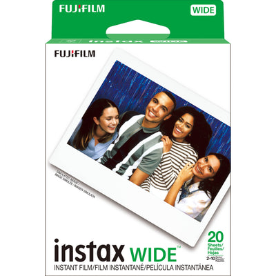 Fujifilm Instax Wide Instant Film pack with 20 sheets of high-quality, vibrant color film featuring a 62 x 99 mm image area and ISO 800 speed for wide-format instant cameras.