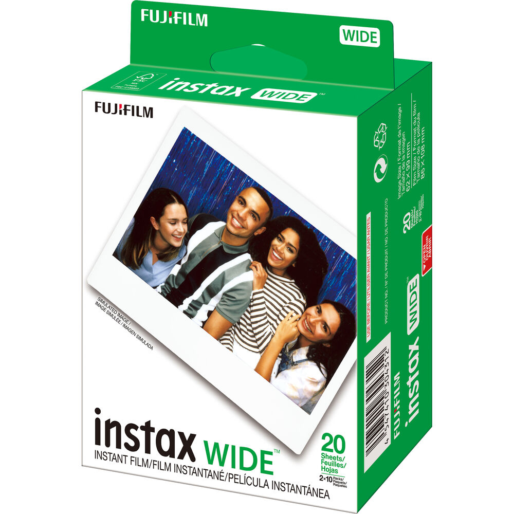 Fujifilm Instax Wide Instant Film pack with 20 sheets of high-quality, vibrant color film featuring a 62 x 99 mm image area and ISO 800 speed for wide-format instant cameras.