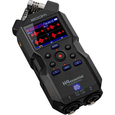 Zoom H4 Essential Portable Audio Recorder with 32-bit float, built-in stereo mics, and XLR/TRS inputs for professional recording.