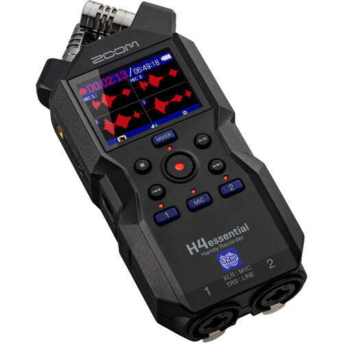 Zoom H4 Essential Portable Audio Recorder with 32-bit float, built-in stereo mics, and XLR/TRS inputs for professional recording.
