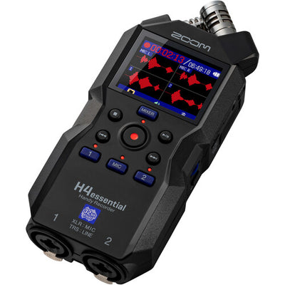 Zoom H4 Essential Portable Audio Recorder with 32-bit float, built-in stereo mics, and XLR/TRS inputs for professional recording.