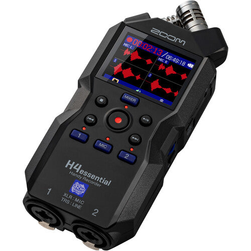 Zoom H4 Essential Portable Audio Recorder with 32-bit float, built-in stereo mics, and XLR/TRS inputs for professional recording.