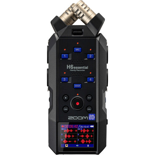 Zoom H6 Essential Portable Audio Recorder with 32-bit float and interchangeable mic capsules for professional field recording.