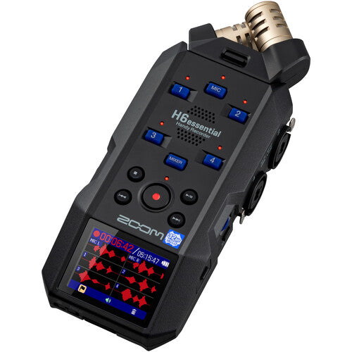 Zoom H6 Essential Portable Audio Recorder with 32-bit float and interchangeable mic capsules for professional field recording.