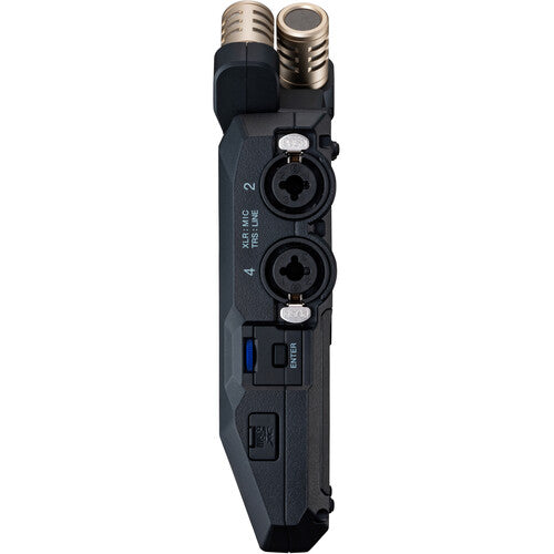 Zoom H6 Essential Portable Audio Recorder with 32-bit float and interchangeable mic capsules for professional field recording.