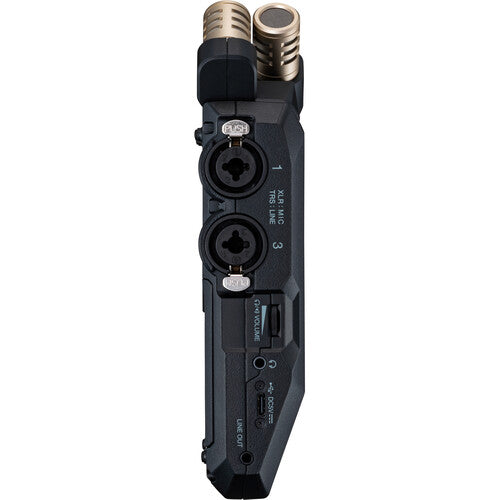 Zoom H6 Essential Portable Audio Recorder with 32-bit float and interchangeable mic capsules for professional field recording.
