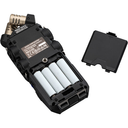 Zoom H6 Essential Portable Audio Recorder with 32-bit float and interchangeable mic capsules for professional field recording.
