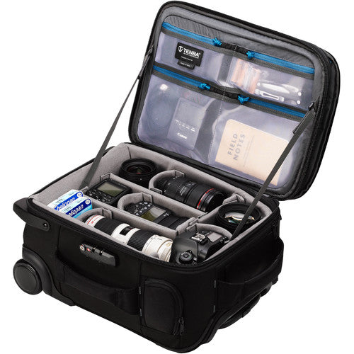 Tenba Roadie Roller 18 in black — professional carry-on camera case with padded dividers, wheels, and weather-resistant design.