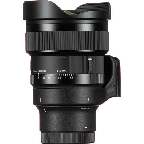 Sigma 14mm f/1.4 DG DN Art ultra-wide-angle prime lens for full-frame mirrorless cameras with bright aperture, advanced optics including FLD and SLD elements, dust and splashproof construction, and tripod socket for stability during astrophotography.