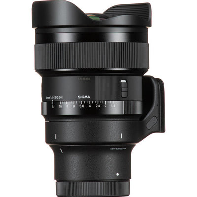 Sigma 14mm f/1.4 DG DN Art ultra-wide-angle prime lens for full-frame mirrorless cameras with bright aperture, advanced optics including FLD and SLD elements, dust and splashproof construction, and tripod socket for stability during astrophotography.