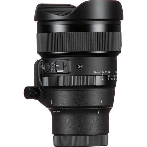 Sigma 14mm f/1.4 DG DN Art ultra-wide-angle prime lens for full-frame mirrorless cameras with bright aperture, advanced optics including FLD and SLD elements, dust and splashproof construction, and tripod socket for stability during astrophotography.