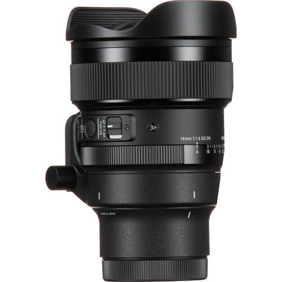 Sigma 14mm f/1.4 DG DN Art ultra-wide-angle prime lens for full-frame mirrorless cameras with bright aperture, advanced optics including FLD and SLD elements, dust and splashproof construction, and tripod socket for stability during astrophotography.