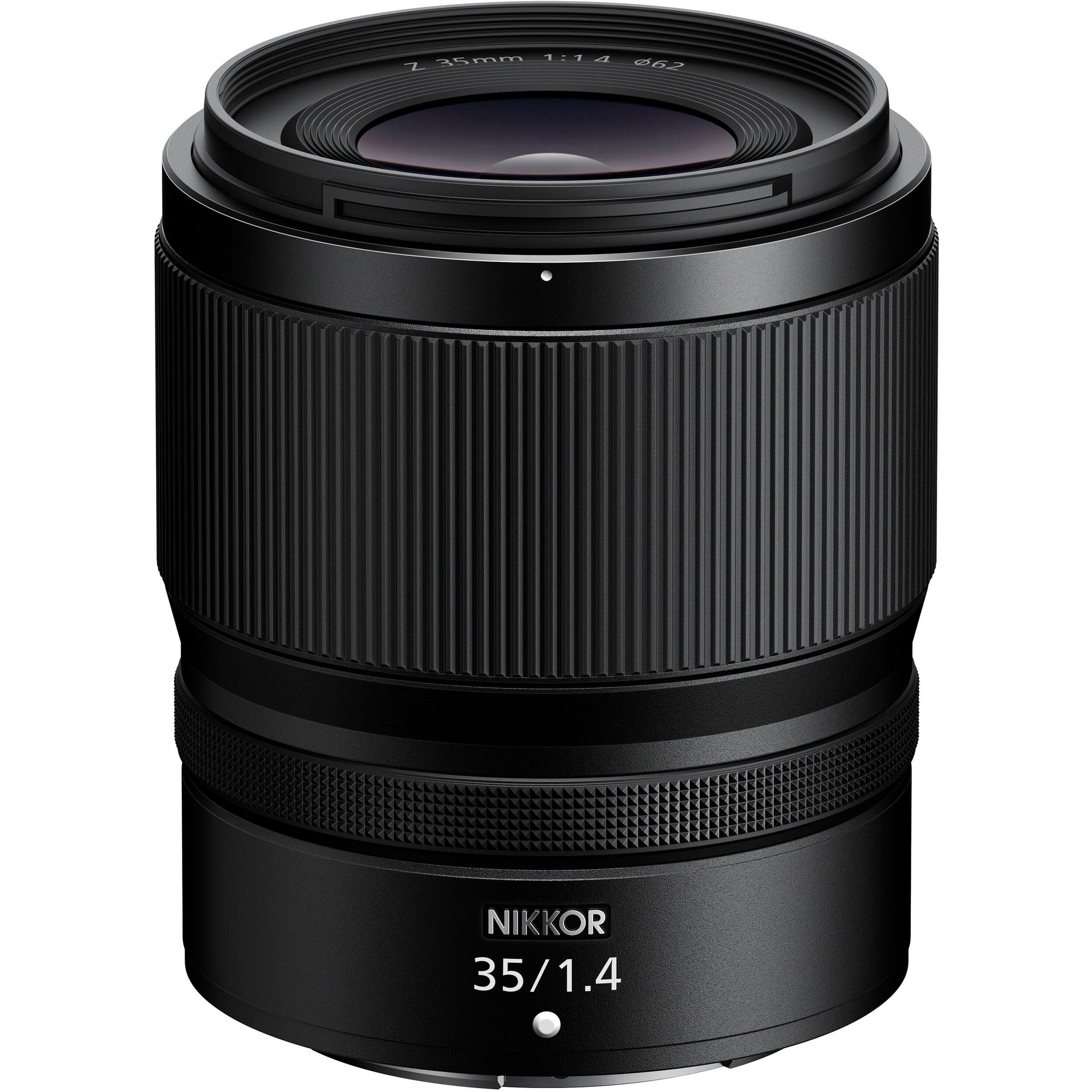 Black Nikon camera lens on a white background