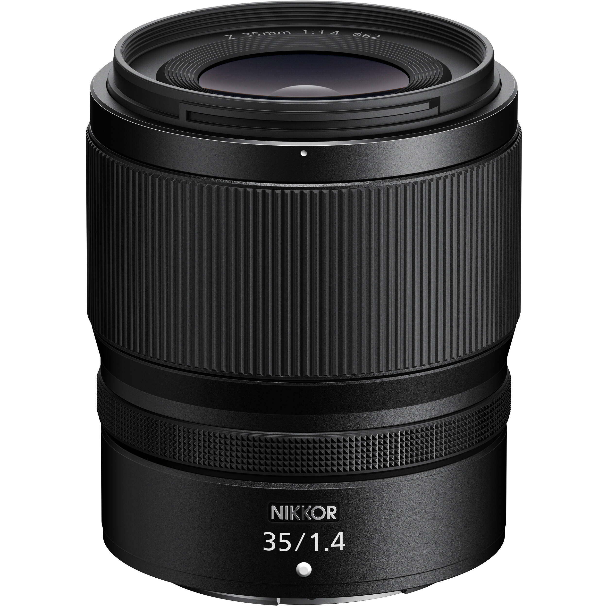 Black Nikon camera lens on a white background